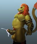  2017 balls clothed clothing ejaculation feline fur hair kristakeshi lion male mammal masturbation musclegut muscular muscular_male nipples orange_hair pants_down partially_clothed penis pubes tattoo yellow_fur 