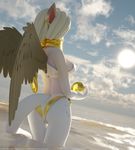  2017 3d_(artwork) anthro ashnar bikini blender_(software) breasts clothing digital_media_(artwork) ear_piercing feathered_wings feathers female hair opal_(ashnar) outside partially_submerged piercing rear_view solo sphinx sun swimsuit white_hair wings 