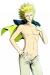  blonde_hair facing_viewer grey_pants groin hand_on_hip jacket_over_shoulder male_focus mouth_hold naji_0337 navel one_outs open_fly pants solo spiked_hair standing tokuchi_toua unzipped 