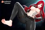  1girl barefoot blush breasts cameltoe feet green_eyes katarina_du_couteau league_of_legends medium_breasts navel nipples pants pov_feet red_hair scar smile soles solo tofuubear topless 