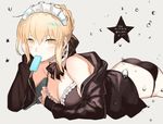  artoria_pendragon_(all) artoria_pendragon_(swimsuit_rider_alter) ass bikini black_bikini blonde_hair blurry braid breast_hold breasts bright_pupils buun_ko choker cleavage depth_of_field fate/grand_order fate_(series) food food_in_mouth grey_background hair_ribbon jacket looking_at_viewer lying maid_headdress medium_breasts mouth_hold off_shoulder on_stomach open_clothes open_jacket popsicle ribbon ribbon_trim simple_background sleeves_past_wrists solo strap_gap swimsuit water_drop white_pupils yellow_eyes 