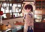  apron brown_hair carrot commentary_request cowboy_shot cup from_behind fuyube_gin_(huyube) highres indoors kaga_(kantai_collection) kantai_collection kappougi kitchen knife ladle looking_at_viewer official_style onion open_mouth pepper_shaker plate pot shibafu_(glock23)_(style) side_ponytail sink solo spatula stove towel tying window 