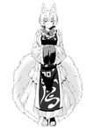 animal_ears bangs breasts closed_mouth dress eyebrows_visible_through_hair fluffy fox_ears fox_tail full_body greyscale highres large_breasts looking_at_viewer monochrome no_hat no_headwear short_hair simple_background sleeves_past_wrists smile solo standing tabard tail touhou white_background yakumo_ran zawa_(zawzawranran2) 