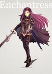  armor cape english fire_emblem fire_emblem_echoes:_mou_hitori_no_eiyuuou gzei high_heels holding holding_sword holding_weapon long_hair looking_at_viewer purple_hair simple_background smile solo sonia_(fire_emblem_gaiden) sword weapon 