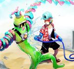  arms_(game) beach blue_hair boxing_gloves dna_man_(arms) domino_mask glass goggles goo_guy green_eyes male_focus mask monster_boy pompadour smile solo spring_man_(arms) suno_(imydream) water 