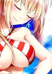 bangs bare_arms bare_shoulders bikini blonde_hair blue_sky breast_hold breasts cleavage close-up closed_mouth cloud cloudy_sky collarbone commentary_request criss-cross_halter day earrings eyebrows_visible_through_hair eyelashes fate/extra fate/grand_order fate_(series) glint green_eyes hair_between_eyes hair_intakes halter_top halterneck jewelry large_breasts long_hair looking_at_viewer nero_claudius_(fate)_(all) nero_claudius_(swimsuit_caster)_(fate) outdoors pink_lips sayvi sidelocks sky smile solo strap_gap striped striped_bikini swimsuit twintails underboob upper_body wet wet_hair 
