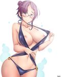  absurdres areolae artist_name bare_arms bare_shoulders black-framed_eyewear black_swimsuit blush breasts casual_one-piece_swimsuit closed_mouth collarbone cowboy_shot curvy eioh_(grand_sphere) glasses grand_sphere green_eyes groin hair_over_one_eye hand_on_own_stomach hand_up heterochromia highres inverted_nipples jay87k large_breasts legs_together looking_at_viewer navel nipples o-ring o-ring_swimsuit one-piece_swimsuit pink_lips puffy_nipples pulled_by_self purple_eyes purple_hair round_eyewear shiny shiny_skin short_hair side_bun smile solo standing stomach swimsuit swimsuit_pull thick_thighs thighhighs thighs wide_hips 