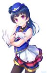  artist_name bangs black_legwear blue_hair commentary_request cowboy_shot crossed_arms earrings gloves grin happy_party_train hat jewelry key long_hair looking_at_viewer love_live! love_live!_sunshine!! marshall_(wahooo) pantyhose purple_eyes red_neckwear shorts shorts_under_skirt side_bun simple_background skirt sleeveless smile solo tsushima_yoshiko vest w white_background white_gloves 