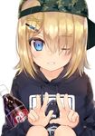  ;d backwards_hat bangs baseball_cap blonde_hair blue_eyes blush bottle camouflage_hat character_request commentary_request double_w dr_pepper drawstring eyebrows_visible_through_hair eyes_visible_through_hair fang fushimi_sameta hair_between_eyes hair_ornament hair_over_one_eye hairclip hands_up hat highres holding holding_bottle hood hood_down hoodie long_sleeves looking_at_viewer one_eye_closed open_mouth original short_hair simple_background smile solo squatting teeth w white_background 