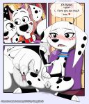  101_dalmatian_street 2019 animal_genitalia animal_pussy anus black_fur blush canid canine canine_pussy canis collar dalmatian dolly_(101_dalmatians) domestic_dog dylan_(101_dalmatians) english_text fangs female feral foxychris fur half-closed_eyes male mammal masturbation multicolored_fur open_mouth photo pussy pussy_juice speech_bubble spots spotted_fur teeth text tongue two_tone_fur white_fur 
