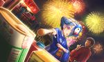  1girl abo_(kawatasyunnnosukesabu) blue_hair blush brown_hair fireworks hair_over_one_eye highres japanese_clothes kimono looking_at_another looking_away mask mask_on_head original parted_lips red_eyes short_hair 