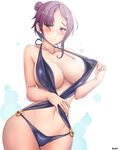  absurdres areola_slip areolae artist_name bare_arms bare_shoulders black_swimsuit blush breasts casual_one-piece_swimsuit cleavage closed_mouth collarbone cowboy_shot curvy eioh_(grand_sphere) grand_sphere green_eyes groin hair_over_one_eye hand_on_own_stomach hand_up heterochromia highres jay87k large_breasts legs_together looking_at_viewer navel o-ring o-ring_swimsuit one-piece_swimsuit pink_lips pulled_by_self purple_eyes purple_hair shiny shiny_skin short_hair side_bun smile solo standing stomach swimsuit swimsuit_pull thick_thighs thighhighs thighs wide_hips 