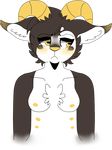  2016 anthro blush breasts caprine chest_tuft clothed clothing digital_media_(artwork) female frown fur goat hair horn jexi mammal markings nipples nude portrait short_hair shy solo topless tuft white_fur yellow_eyes yellow_horn yellow_nipples yellow_nose 