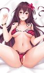  :d bikini bikini_aside blush bracelet breasts fate/grand_order fate_(series) flower hair_flower hair_ornament hanada_yanochi hibiscus jewelry large_breasts long_hair navel open_mouth pubic_hair purple_bikini purple_hair pussy red_eyes scathach_(fate)_(all) scathach_(swimsuit_assassin)_(fate) smile solo swimsuit unclasped 