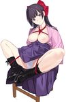  arms_behind_back bdsm black_hair blue_eyes bondage boots bound breasts breasts_outside detached_sleeves eyebrows_visible_through_hair feet_together hakama high_heels highres japanese_clothes knees_apart_feet_together long_hair looking_at_viewer medium_breasts mibu_natsuki nipples original panties parted_lips shibari simple_background sitting solo spread_legs underwear white_background white_panties 