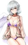  bangs bikini braid breasts brown_eyes closed_mouth cowboy_shot eyebrows_visible_through_hair french_braid hair_between_eyes highres jacket kishin_sagume large_breasts looking_at_viewer navel open_clothes open_jacket purple_bikini short_hair silver_hair simple_background single_wing solo swimsuit touhou white_background white_wings wings y2 