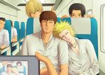  black_hair blonde_hair brown_hair bus bus_interior camera character_request facial_hair facing_viewer ground_vehicle head_on_shoulder index_finger_raised jewelry motor_vehicle multiple_boys naji_0337 necklace one_outs pocket satoshi_ideguchi shirt sitting sleeping spiked_hair tokuchi_toua white_shirt 