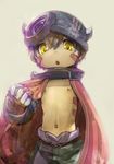  brown_hair cape collar commentary_request helmet highres horned_headwear kakura_mina made_in_abyss male_focus mechanical_arms navel nipples no_shirt open_mouth regu_(made_in_abyss) solo yellow_eyes 