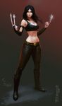  2016 abs absurdres artist_name bangs bare_shoulders black_hair black_legwear boots breasts cleavage collarbone denim elbow_gloves full_body gloves highres jeans large_breasts long_hair looking_at_viewer marvel midriff navel pants parted_bangs signature skin_tight solo standing tarakanovich x-23 x-men 