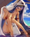  animal_ears arm_support bangs barefoot bed_sheet bird blue_sky breasts cloud collarbone dark_skin day earrings facepaint fate/grand_order fate_(series) hair_tubes hand_up headband hips hoop_earrings jackal_ears jewelry kickboard knees_up legs long_hair looking_at_viewer low-tied_long_hair medium_breasts medjed nitocris_(fate/grand_order) nitocris_(swimsuit_assassin)_(fate) ocean one-piece_swimsuit outdoors parted_lips purple_eyes purple_hair satou_daiji shade sidelocks sitting sky solo swimsuit swimsuit_pull thighs topless very_long_hair water wet 