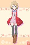  1girl absurdres arms_behind_back bare_shoulders black_legwear blonde_hair blue_eyes blue_ribbon blush boots brown_boots collarbone eyebrows_visible_through_hair full_body looking_at_viewer orange_background pink_shirt pink_skirt pokemon pokemon_xy red_vest ribbon serena_(pokemon) shirt short_hair simple_background skindentation skirt sleeveless sleeveless_shirt smile solo standing tax2rin text thighhighs translation_request vest zettai_ryouiki 