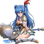  aqua_eyes armor blue_hair blush breasts cleavage covering covering_breasts flower full_body hair_ornament long_hair medium_breasts official_art oshiro_project oshiro_project_re seiza shamakho sitting solo torn_clothes transparent_background twintails very_long_hair yodo_(oshiro_project) 