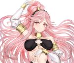  1girl bare_shoulders blush braid breasts ei1han fire_emblem fire_emblem:_kakusei fire_emblem_heroes hairband highres jewelry long_hair looking_at_viewer midriff navel nintendo olivia_(fire_emblem) pink_eyes pink_hair ponytail simple_background smile solo twin_braids 