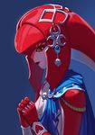  blush breasts fins fish_girl hair_ornament jewelry long_hair looking_at_viewer mella mipha monster_girl multicolored multicolored_skin no_eyebrows red_hair red_skin small_breasts smile solo the_legend_of_zelda the_legend_of_zelda:_breath_of_the_wild yellow_eyes zora 