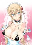  :o bell bikini blonde_hair blue_eyes blush breasts character_request coin_rand collar collarbone ear_piercing earrings huge_breasts jewelry jingle_bell looking_up maid_headdress micro_bikini piercing swimsuit undressing 