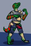  2017 claws clothed clothing digital_media_(artwork) digitigrade dinosaur erection genital_piercing growth half human invalid_color invalid_tag knot male mammal naughtygryph penis penis_piercing piercing raptor scale stripes theropod torn_clothing transformation 