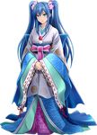  aqua_eyes armor blue_hair flower full_body hair_flower hair_ornament hands_together japanese_clothes long_hair official_art oshiro_project oshiro_project_re shamakho solo transparent_background twintails very_long_hair yodo_(oshiro_project) 