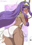  animal_ears ass bangs bdsm bikini blush bondage bound bound_wrists cat_teaser commentary_request dark_skin earrings egyptian facial_mark fate/grand_order fate_(series) hairband hoop_earrings jackal_ears jewelry long_hair looking_at_viewer looking_back medjed nitocris_(fate/grand_order) purple_eyes purple_hair rope sidelocks solo_focus swimsuit torimaru very_long_hair white_bikini 