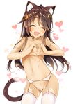  :d animal_ears breasts brown_hair cat_ears cat_tail choker closed_eyes cum cum_on_body cum_on_lower_body facing_viewer fang garter_belt hair_ornament heart heart-shaped_boob_challenge heart_hands long_hair nipples nude open_mouth original simple_background small_breasts smile solo tail thighhighs white_background white_legwear yanagi_yuu you're_doing_it_wrong 