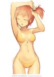  absurdres armpits arms_up artist_name bare_arms bikini breasts breasts_apart character_name closed_eyes collarbone commentary copyright_name cowboy_shot gym_leader hair_tie highres holding holding_hair kasumi_(pokemon) navel open_mouth pokemon pokemon_(game) pokemon_rgby red_hair short_hair side-tie_bikini side-tie_bottom side_ponytail simple_background sketch small_breasts solo standing stomach swimsuit tom_skender tying_hair watermark web_address white_background yellow_bikini 