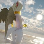  2017 3d_(artwork) anthro ashnar blender_(software) digital_media_(artwork) ear_piercing feathered_wings feathers female hair nipples nude opal_(ashnar) outside partially_submerged piercing pussy rear_view solo sphinx sun white_hair wings 