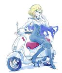  blonde_hair boots breasts cleavage cleavage_cutout earrings glasses glynda_goodwitch green_eyes ground_vehicle high_heel_boots high_heels iesupa jewelry medium_breasts motor_vehicle pantyhose rwby scooter sidesaddle solo 