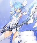  ahoge axe battle_axe blancpig_yryr blue_hair gloves long_hair looking_at_viewer neptune_(series) open_mouth power_symbol red_eyes short_hair_with_long_locks solo symbol-shaped_pupils weapon white_heart 