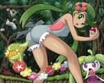  :o apron ass bangs bare_arms bare_legs bent_over comfey dark_skin flower gen_1_pokemon gen_7_pokemon grass green_eyes green_hair hair_flower hair_ornament legs looking_at_viewer mao_(pokemon) mushroom nature open_mouth outdoors overalls paras passimian poke_ball pokemoa pokemon pokemon_(creature) pokemon_(game) pokemon_sm steenee swept_bangs tree trial_captain twintails 
