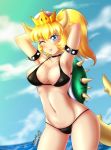  1girl :p armpits arms_behind_head bangs bikini black_bikini blonde_hair blue_eyes blush bowsette breasts choker cleavage closed_mouth collarbone danmakuman eyebrows_visible_through_hair horns large_breasts long_hair looking_at_viewer mario_(series) navel new_super_mario_bros._u_deluxe nintendo ocean one_eye_closed ponytail sky solo spiked_armlet spiked_shell spiked_tail standing string_bikini super_crown swimsuit tongue tongue_out wink 