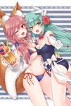  animal_ears aqua_hair bikini blue_bikini blue_swimsuit blush breasts cleavage fangs fate/extra fate/grand_order fate_(series) flower fox_ears fox_tail green_hair hair_flower hair_ornament highres horns kiyohime_(fate/grand_order) kiyohime_(swimsuit_lancer)_(fate) large_breasts long_hair looking_at_viewer multiple_girls navel one-piece_swimsuit one_eye_closed open_mouth pika_mouse pink_hair school_swimsuit smile swimsuit tail tamamo_(fate)_(all) tamamo_no_mae_(fate) tamamo_no_mae_(swimsuit_lancer)_(fate) yellow_eyes 