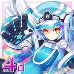  4 blue_hair bodysuit cabbie_hat countdown gauntlets hair_ornament hat looking_at_viewer neptune_(series) next_white number official_art power_symbol red_eyes shin_jigen_game_neptune_vii short_hair_with_long_locks sidelocks symbol-shaped_pupils white_heart wings 