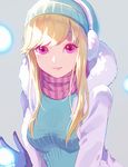  alternate_costume alternate_hair_color bangs beanie blonde_hair breasts coat earmuffs gloves hat league_of_legends lipstick long_hair makeup medium_breasts pink_lipstick purple_eyes scarf smile snow_day_syndra sweater swept_bangs syndra uso_(ameuzaki) v winter_clothes winter_coat 