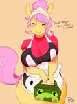  2016 anthro anthrofied apron big_breasts blush breasts clothing dialogue english_text equine eyes_closed female fluttershy_(mlp) friendship_is_magic fur hair happy headscarf hi_res horse lunchbox mammal motherly my_little_pony nipple_bulge pijinpyon pink_hair pony shirt signature simple_background skirt slightly_chubby smile solo t-shirt tan_background teeth text wide_hips yellow_fur 