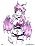  2017 anthro bat_wings blue_eyes breasts canine cleavage clothed clothing demon dog ear_piercing female hair horn hybrid mammal membranous_wings michele_light navel piercing pink_hair simple_background skimpy solo succubus tsoro white_background wings 