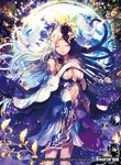  bird black_hair center_opening closed_eyes copyright_name crystal force_of_will gem long_hair lumia_(force_of_will) multicolored_hair natsuiro_xx navel official_art planet solo sparkle star tiara two-tone_hair white_hair 