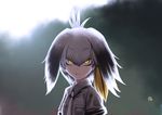  bangs black_hair closed_mouth collared_shirt eyebrows_visible_through_hair grey_hair grey_neckwear grey_shirt hair_between_eyes head_wings kemono_friends lens_flare long_hair looking_at_viewer low_ponytail multicolored_hair necktie shirt shoebill_(kemono_friends) short_sleeves side_ponytail sin_moriyama sketch solo upper_body yellow_eyes 