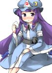  blue_ribbon blush bow cosplay crescent dress food gaoo_(frpjx283) hair_bow hat highres long_hair looking_at_viewer mob_cap onigiri open_mouth patchouli_knowledge purple_eyes purple_hair red_ribbon ribbon saigyouji_yuyuko saigyouji_yuyuko_(cosplay) sash sitting solo touhou triangular_headpiece 