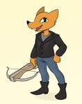  2017 anthro black_nose boots button_(disambiguation) canine clothed clothing crossbow denim denim_pants fangs footwear fox fully_clothed fur gregg_(nitw) high_heels jacket jeans leather leather_jacket male mammal night_in_the_woods opem_math pants ranged_weapon shirt shoes smile standing string tongue undershirt video_games weapon yellowhellion 