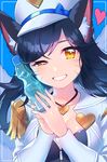  ;d ahri alternate_costume animal_ears black_hair bottle breasts cabbie_hat cleavage coat fox_ears fox_girl fox_tail hat heart heart_necklace large_breasts league_of_legends long_hair long_sleeves looking_at_viewer one_eye_closed open_mouth popstar_ahri ramune smile solo tail teeth uso_(ameuzaki) whisker_markings yellow_eyes 
