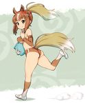  animal_ears ass breasts bridle brown_eyes brown_hair brown_sports_bra bucket buruma chestnut_thoroughbred_(kemono_friends) covered_nipples detached_sleeves horse_ears horse_girl horse_tail japan_racing_association kemono_friends logo long_hair looking_at_viewer medium_breasts multicolored_hair ponytail running ryoji_(nomura_ryouji) single_vertical_stripe smile solo sports_bikini sports_bra sportswear tail white_hair 